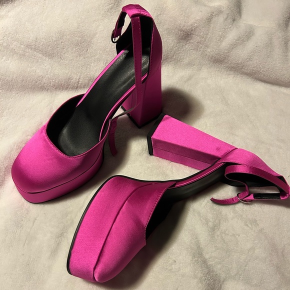 Hot Pink Women Ankle Strap Pumps Satin Chunky Heels - Picture 7 of 7